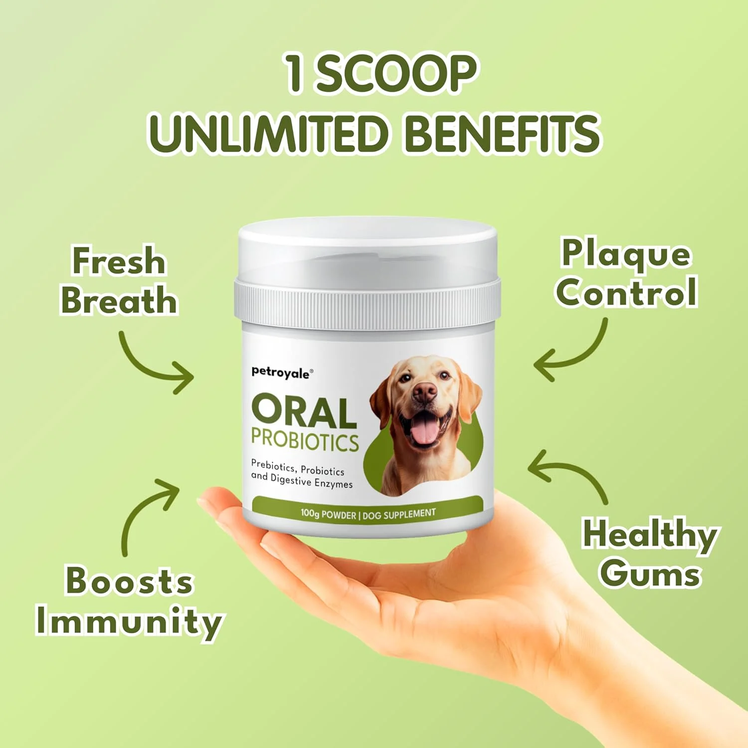 پودر پروبیوتیک خوراکی سگ پت رویال - پری بیوتیک و بهبود سلامت لثه، کاهش بوی بد دهان، کنترل بیماری های دندانی سگ 100 گرم