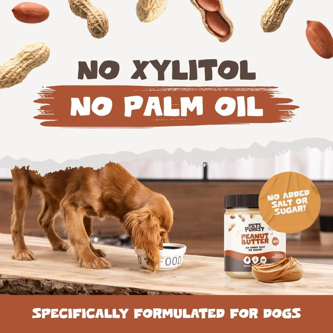 کره بادام زمینی طبیعی Pets Purest برای سگ ها - فرمول ویژه برای سگ ها بدون شکر، نمک یا زایلیتول افزوده - فاقد روغن پالم، گندم و گلوتن - منبع سالم پروتئین