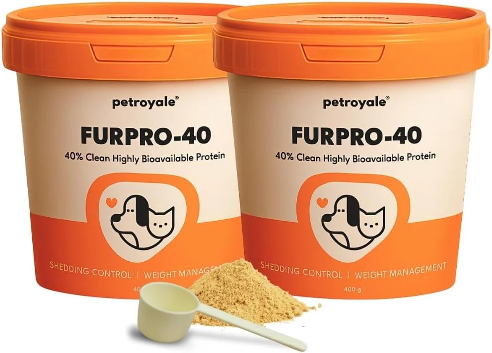 پودر پروتئین سگ Petroyale Furpro-40 - مکمل پوست و مو + کنترل ریزش مو - امگا 3 6 9 افزایش وزن عضله غذای رشد با طعم ماهی - 400 گرم - بسته 2 عددی