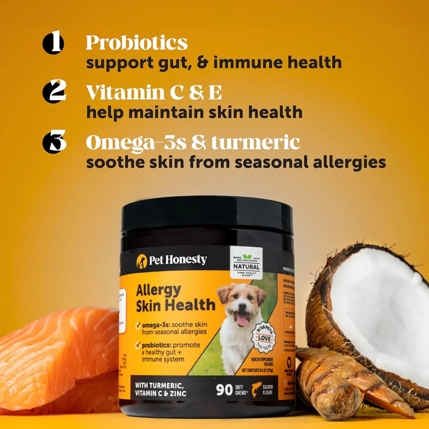 مکمل سلامت پوست سگ PetHonesty، روغن ماهی نرم با امگا، DHA Gold، تخم کتان، پروبیوتیک برای سگ ها (90 عدد)