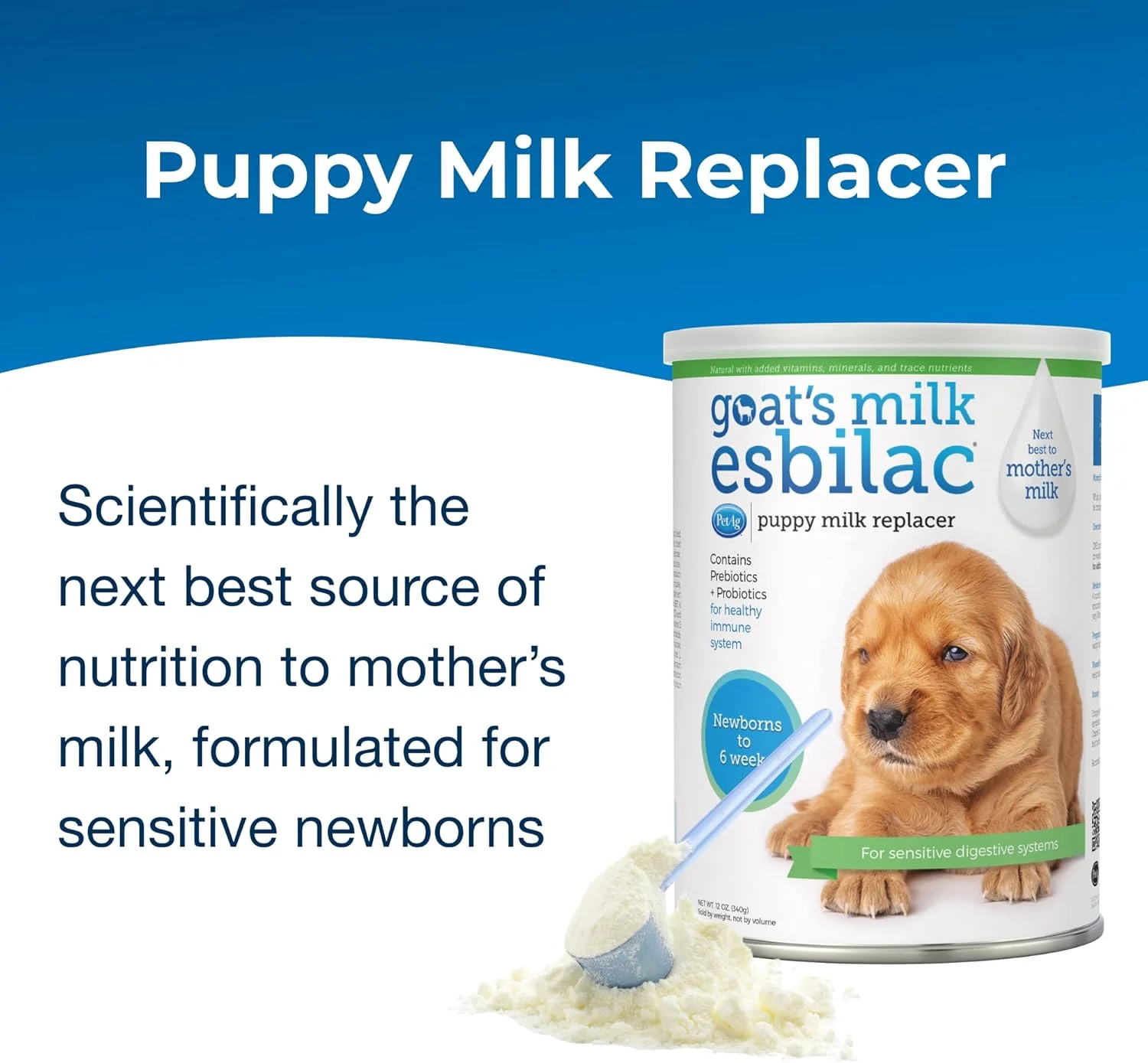 پودر شیر بز Esbilac پت اِی‌جی - ۳۴۰ گرم، بسته‌ی ۲ عددی - فرمول پودری برای توله سگ‌ها حاوی پری‌بیوتیک، پروبیوتیک و ویتامین‌ها، مناسب برای توله‌های تازه متولد شده تا ۶ هفته - برای سیستم گوارشی حساس