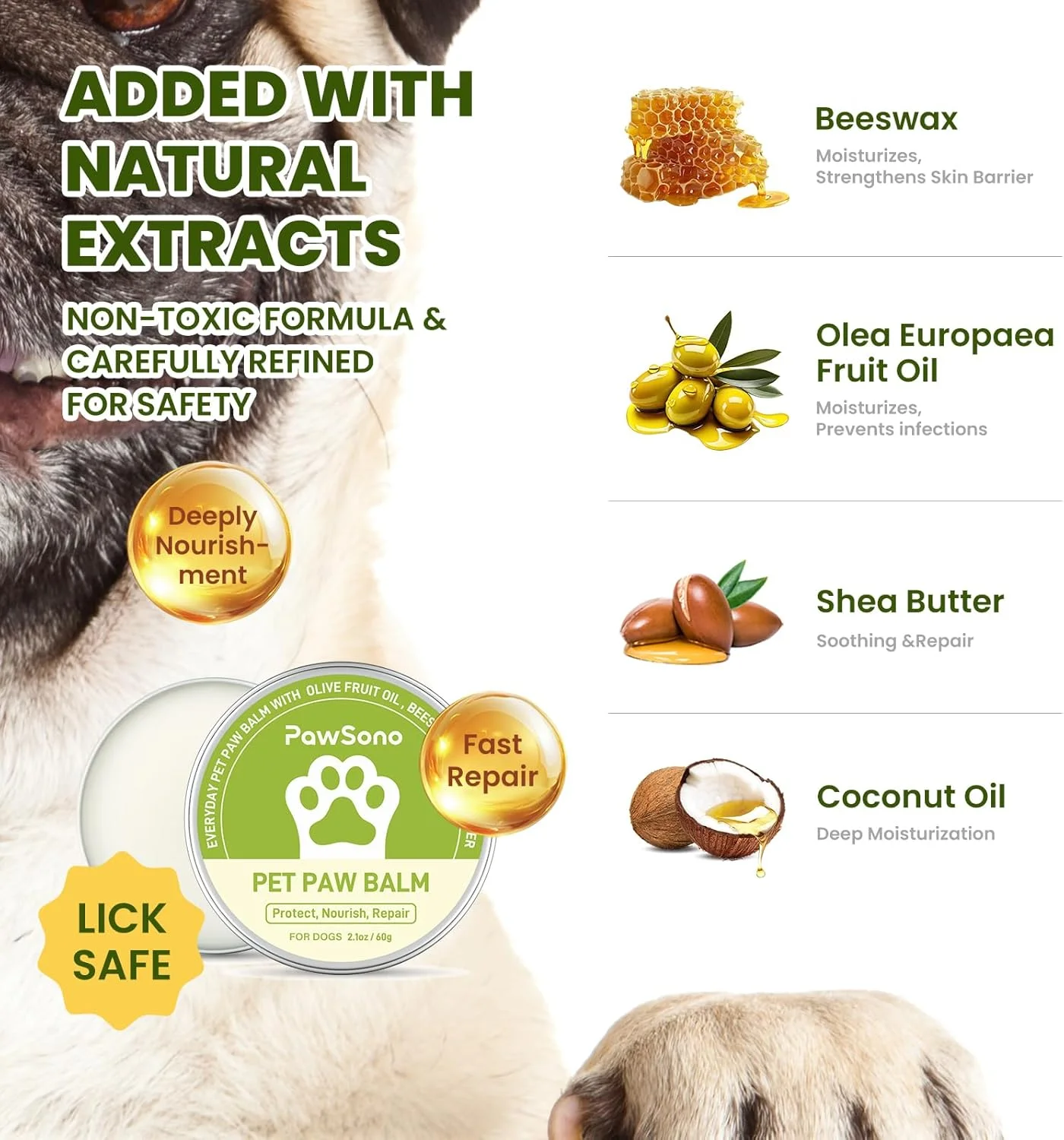 مرهم پنجه سگ و گربه، مواد کاملا طبیعی، مرطوب کننده و تسکین دهنده برای پنجه ها و بینی های خشک و ترک خورده | محافظت از پنجه سگ در برابر برف، مراقبت از سم اسب، 1 بسته | 60 گرم