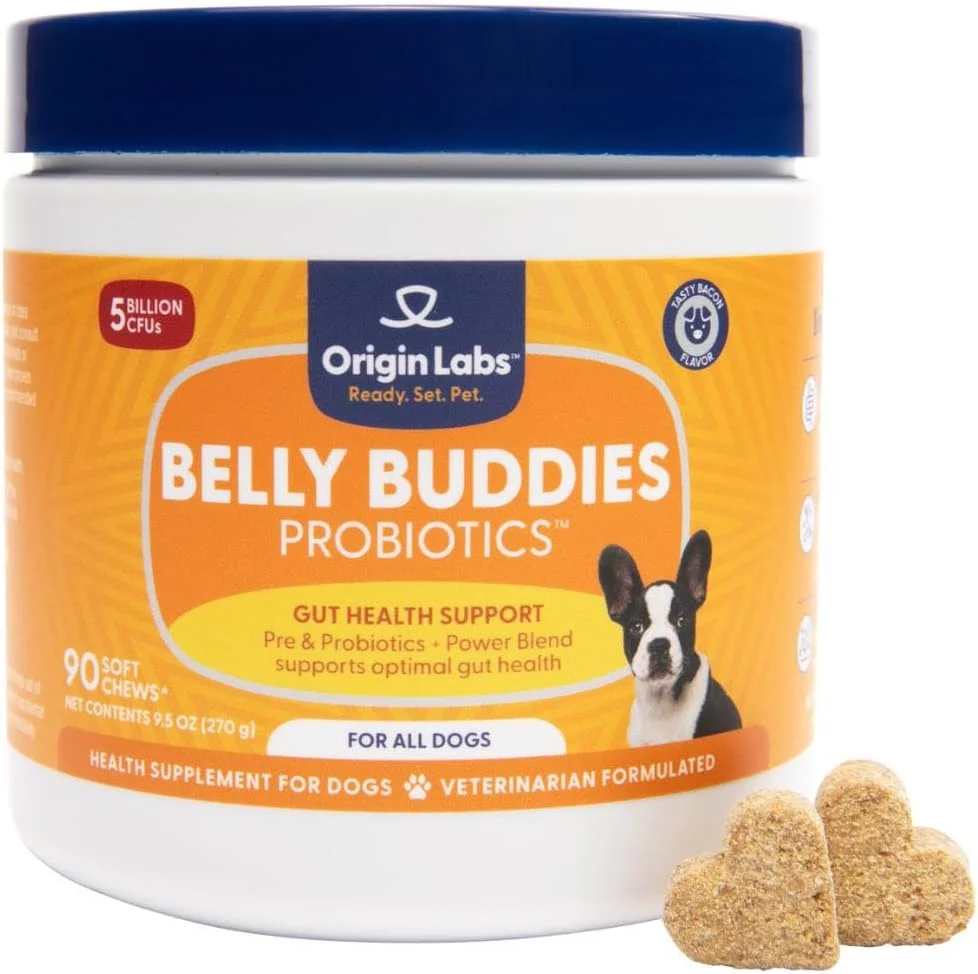 پری بیوتیک و پروبیوتیک سگ Origin Labs Belly Buddies، 5 میلیارد CFU، برای سلامت روده، مخلوط پروبیوتیک 7 سویه، تقویت سیستم ایمنی، برای همه سگ ها، طعم بیکن، 90 عدد جویدنی نرم
