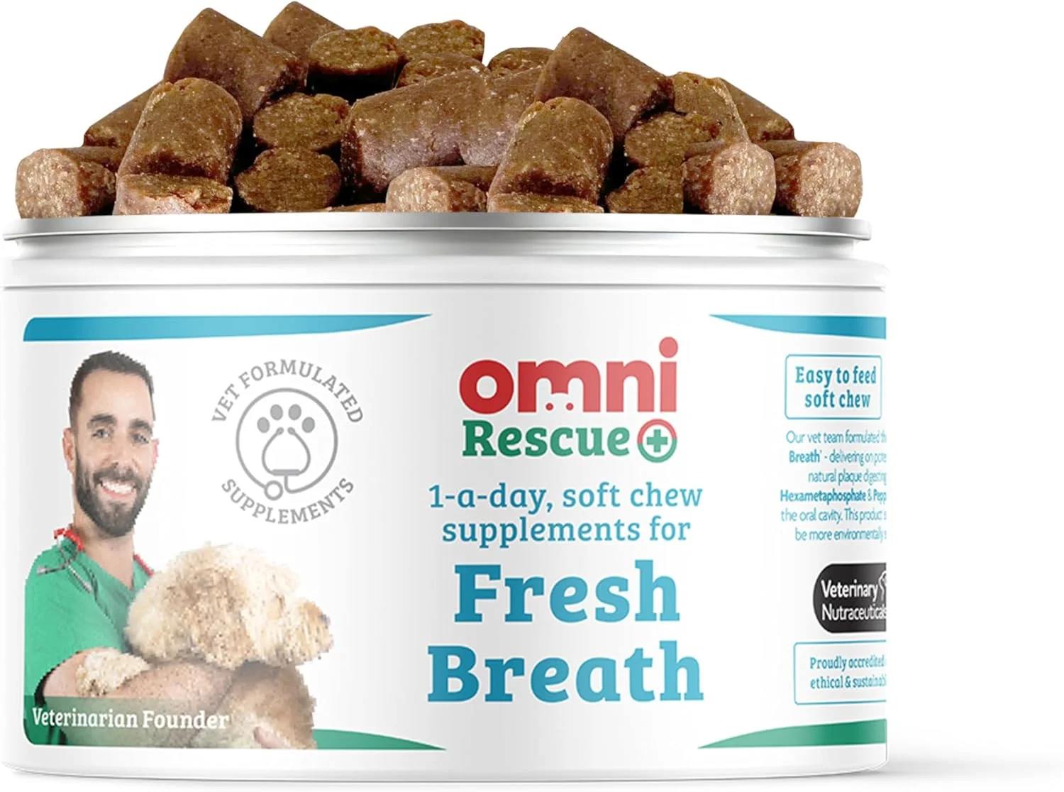 مکمل خوشبو کننده دهان سگ OMNI - برندگان Dragons’ Den، مکمل های نعناع یک بار در روز برای سگ ها، مراقبت از دندان و از بین برنده پلاک، تنفس تازه برای سگ ها 30 وعده، متوسط 15-30 کیلوگرم