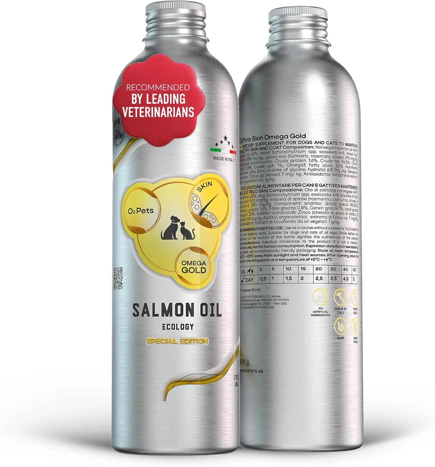 O2 PETS امگا گلد پوست - روغن ماهی سالمون نروژی صید وحشی برای سگ ها و گربه ها، روغن امگا 3 مایع ماهی، مکمل غذایی سالم برای سگ و تشویقی گربه، پوست و مو، (250 میلی لیتر)