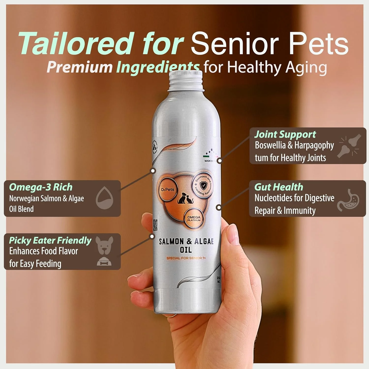 روغن امگا پلاتینیوم O2 PETS برای سگ‌ها و گربه‌های مسن - روغن ماهی سالمون نروژی صید وحشی، روغن امگا 3 مایع، لوازم حیوانات خانگی (50 میلی لیتر)