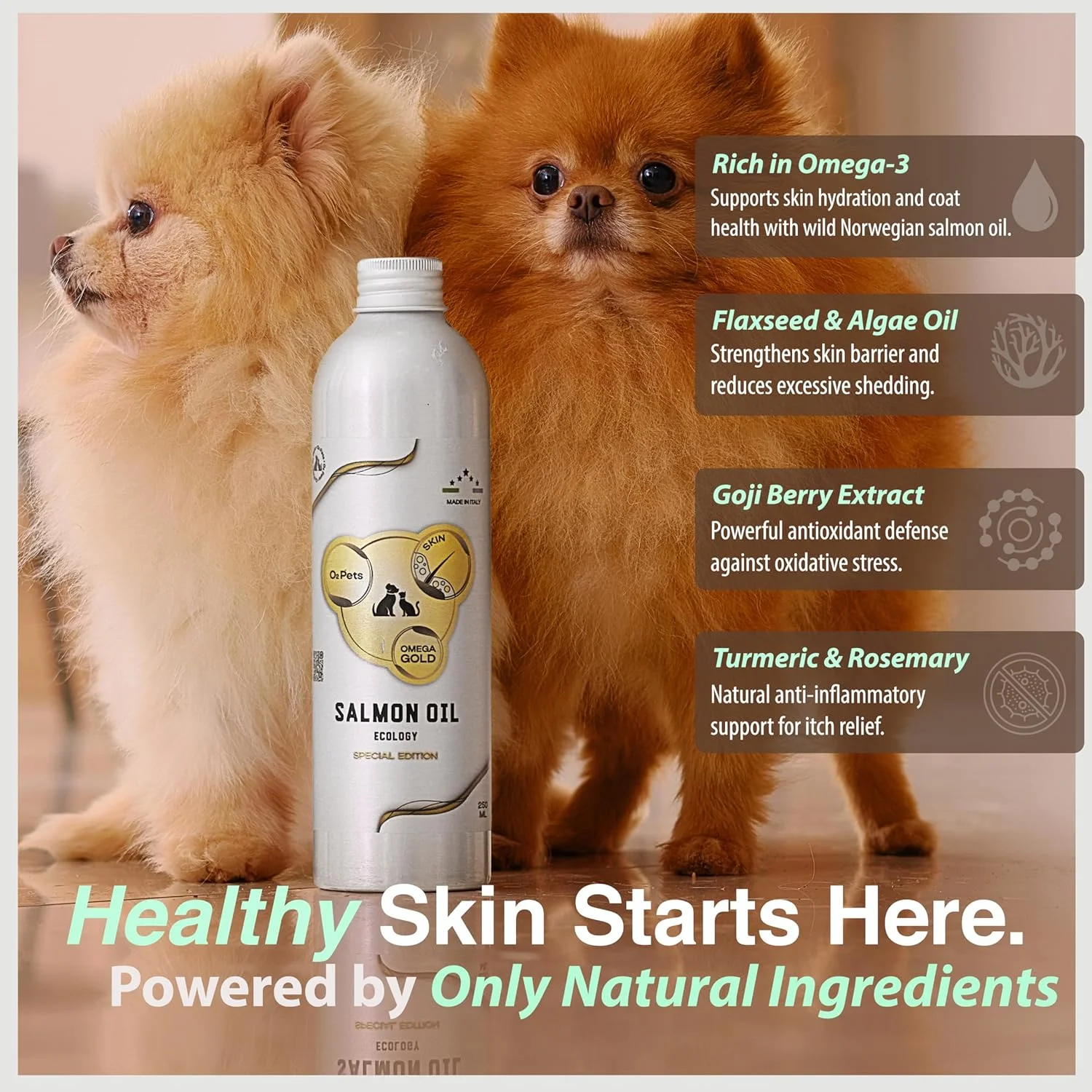 O2 PETS امگا گلد پوست - روغن ماهی سالمون نروژی صید وحشی برای سگ ها و گربه ها، روغن امگا 3 مایع ماهی، مکمل غذایی سالم برای سگ و تشویقی گربه، پوست و مو، (250 میلی لیتر)
