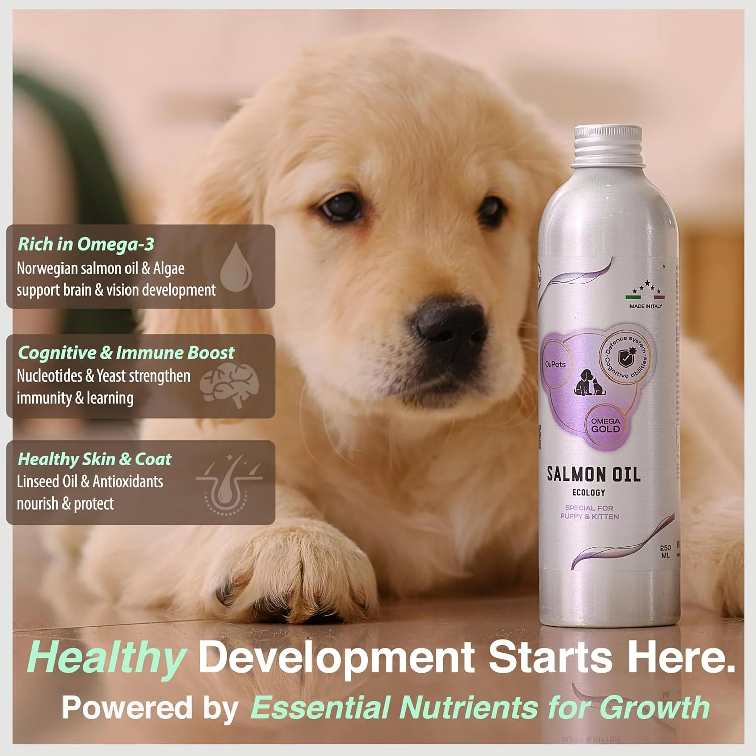 روغن امگا گلد O2 PETS – روغن ماهی سالمون نروژی صید شده در طبیعت برای توله سگ ها و بچه گربه ها، امگا 3 مایع برای سگ ها و گربه های کوچک، مکمل طبیعی حیوانات خانگی (150)