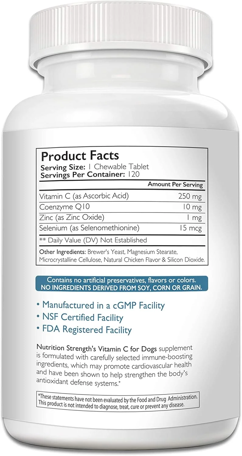 ویتامین C برای سگ ها برای پشتیبانی از سلامت قلب و عروق، کمک به تقویت سیستم ایمنی بدن، تقویت دفاع از رادیکال های آزاد و حفظ سنتز کلاژن، 120 قرص جویدنی