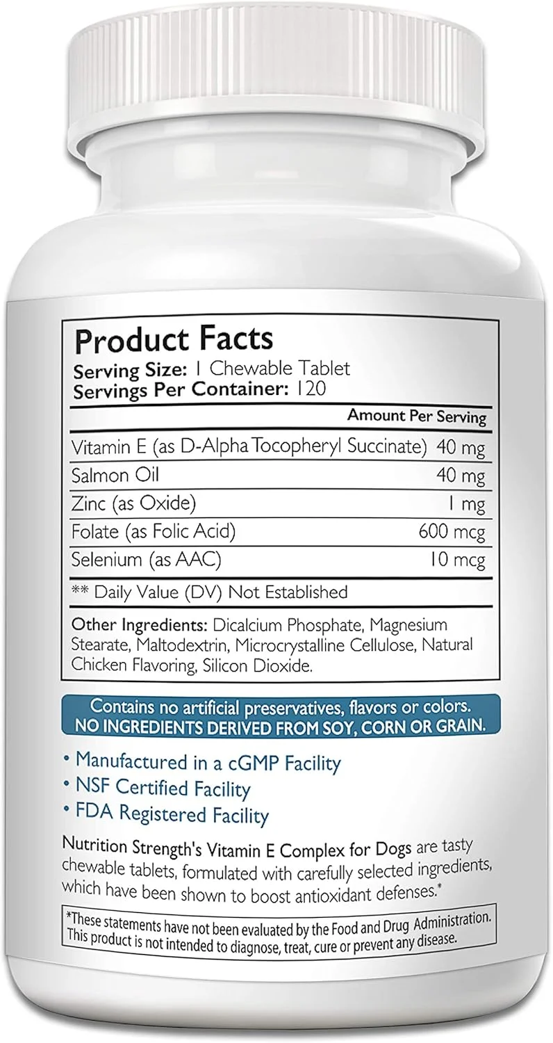 ویتامین ای برای سگ ها، تقویت سلامت قلب و عروق، پشتیبانی از غشای سلولی، کمپلکس ویتامین ای برای تقویت سیستم ایمنی سگ به همراه زینک، سلنیوم، فولات، روغن ماهی سالمون، 120 عدد قرص جویدنی