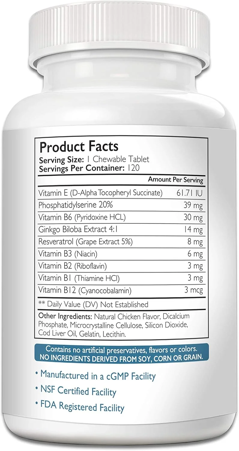مکمل پشتیبانی شناختی برای سگ ها، ارتقاء سلامت مغز سگ، مکمل پشتیبانی ذهنی برای مشکلات شناختی، 120 قرص جویدنی