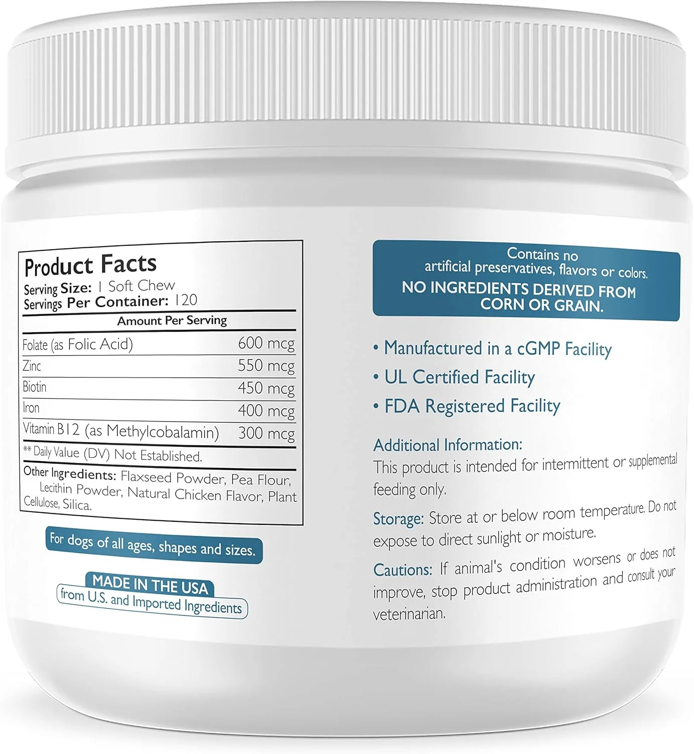 فولات برای سگ ها برای ارتقاء سلامت قلب و عروق و دوران بارداری، حمایت از سنتز DNA و نگهداری سلولی، اسید فولیک برای سگ ها با روی، بیوتین، آهن و ویتامین B12، 120 عدد جویدنی نرم