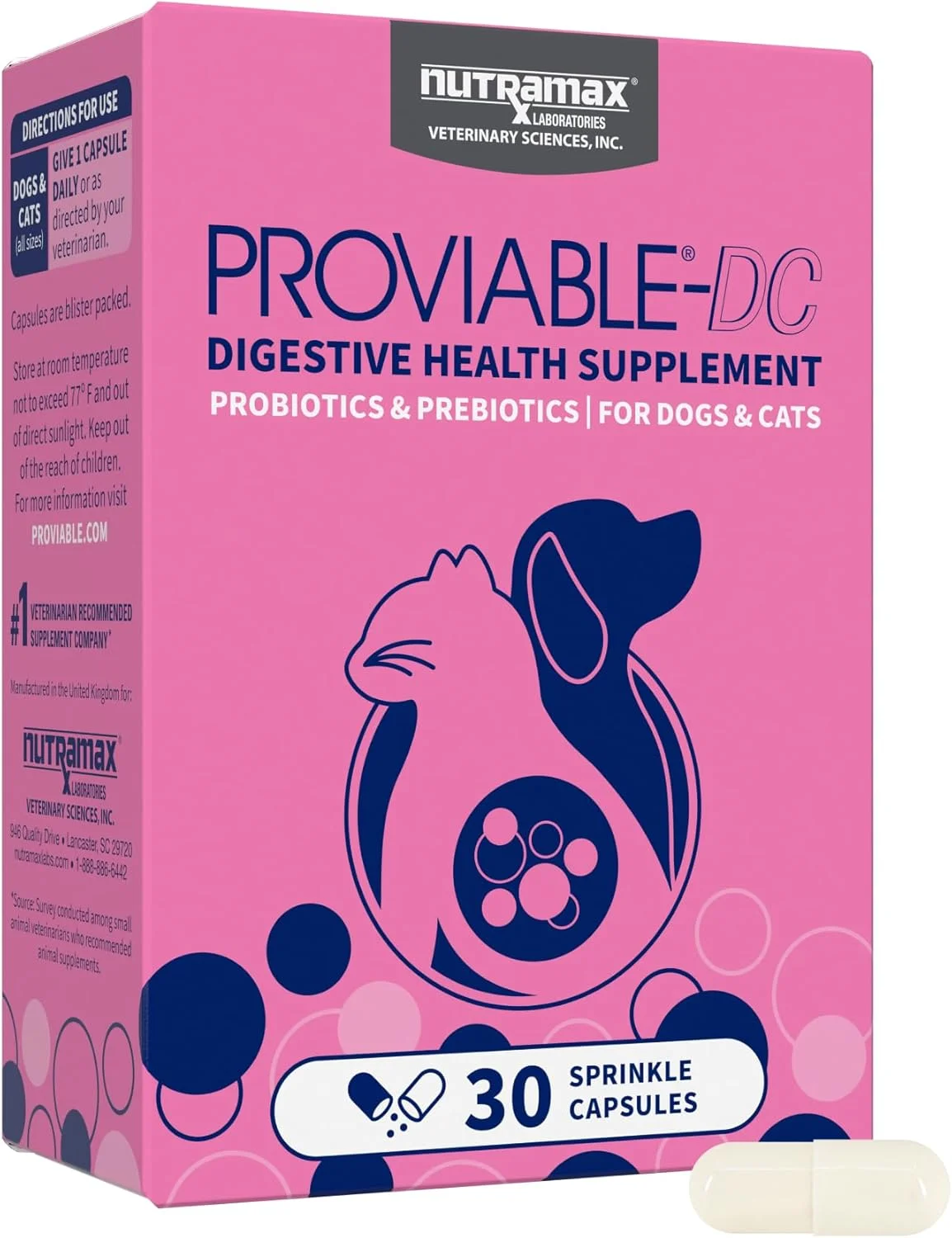 کپسول های پروبیوتیک Proviable DC نوترا مکس برای گربه ها و سگ ها، 30 عدد
