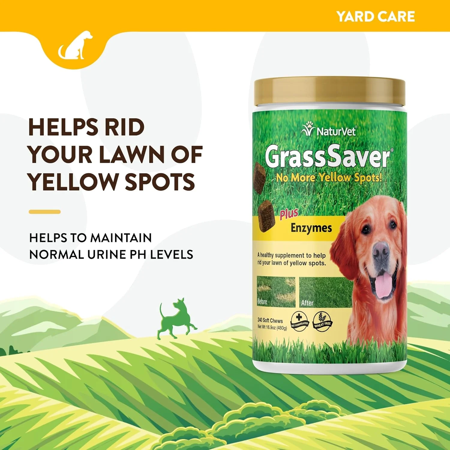 مکمل سگ NaturVet – GrassSaver – مکمل سالم برای کمک به از بین بردن لکه های زرد چمن – ترکیبی هم افزایی از ویتامین های B-Complex و اسیدهای آمینه – 240 عدد جویدنی نرم