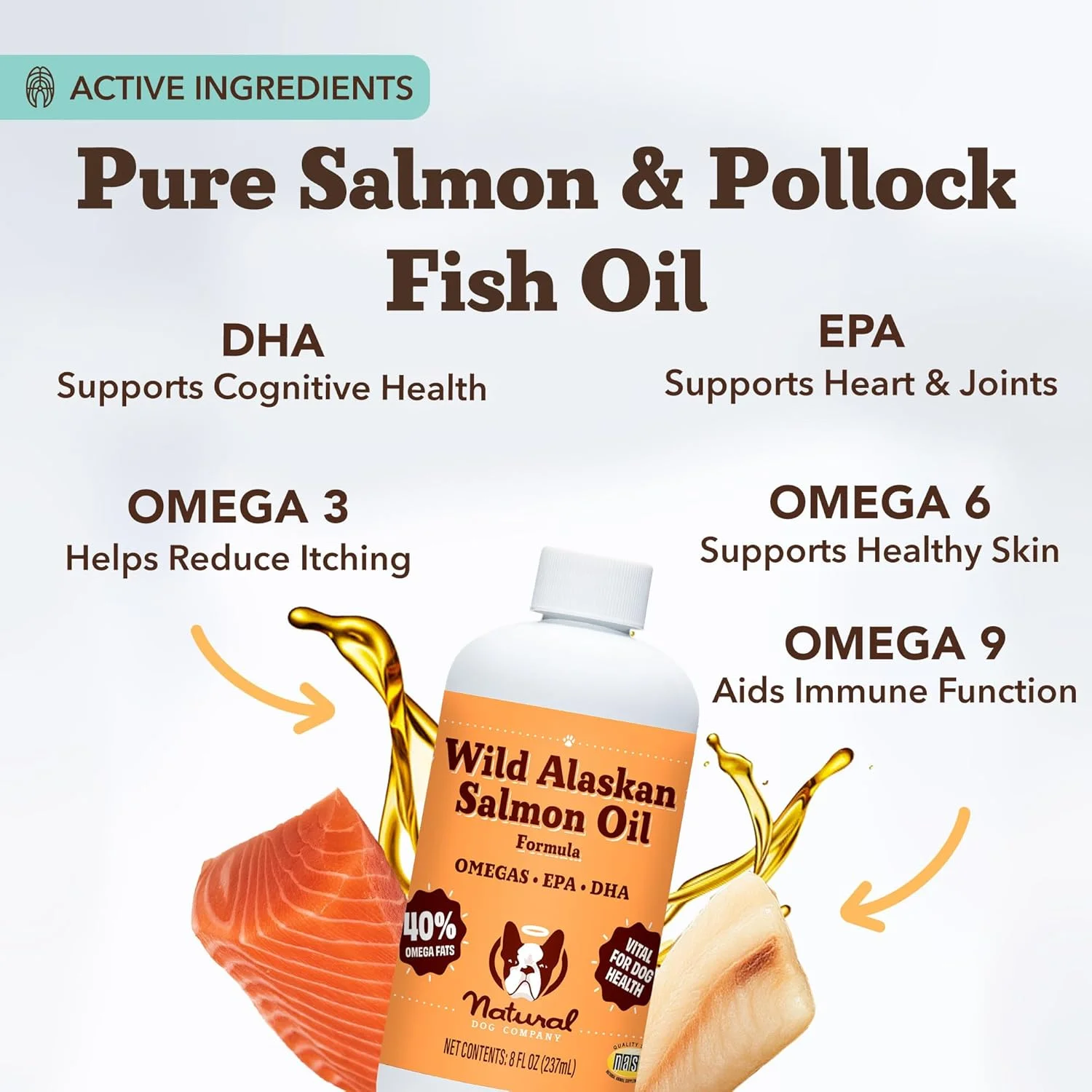 روغن ماهی سالمون آلاسکا وحشی شرکت نچرال داگ، حاوی امگا 3، مکمل روغن ماهی برای سگ ها، روغن پوست و موی سگ، تسکین خارش، پشتیبانی از مفاصل و قلب، چاشنی غذا، 236 میلی لیتر