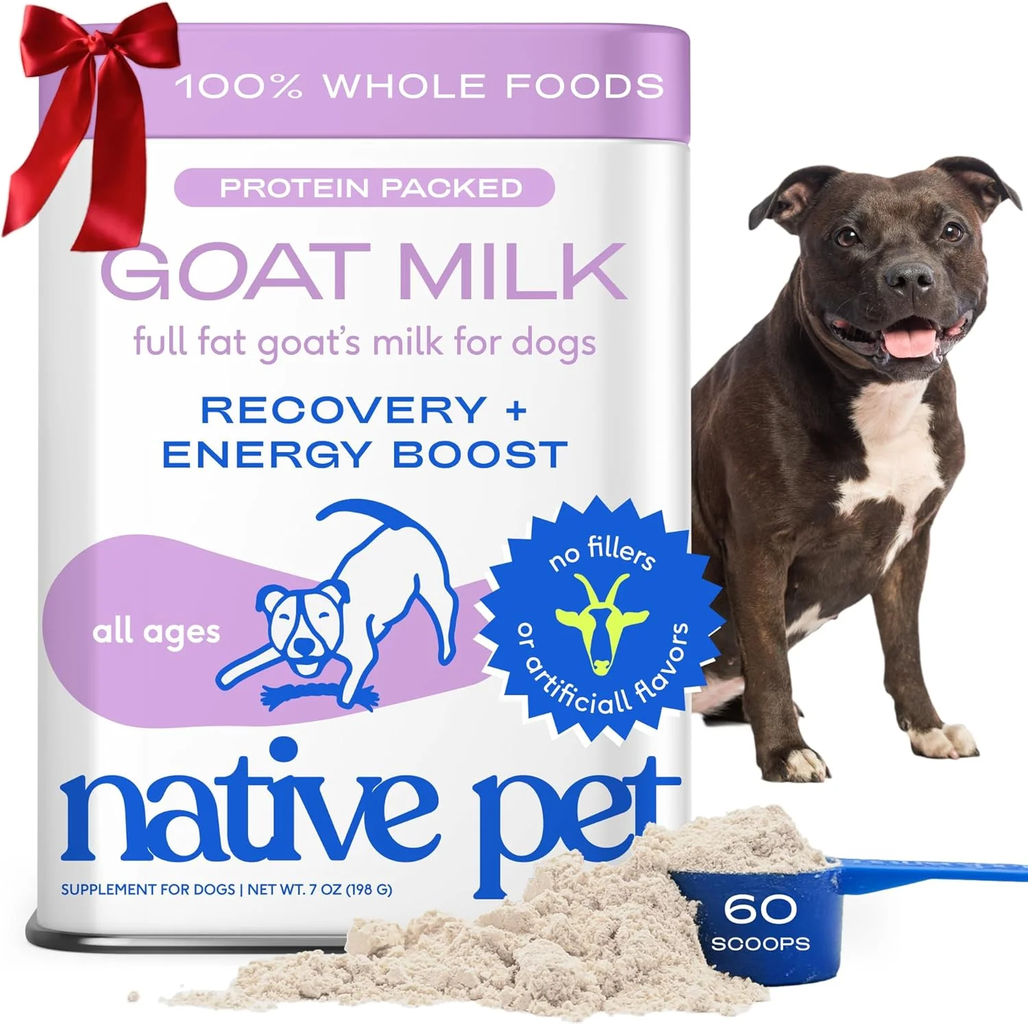 شیر بز مخصوص سگ نِیتیو پِت - پودر شیر بز ارگانیک برای سگ ها و گربه ها - جایگزین لبنیات فرمول توله سگ غنی شده با پروتئین و ویتامین ها برای ایمنی، ریکاوری و رشد توله های فعال - 60 پیمانه