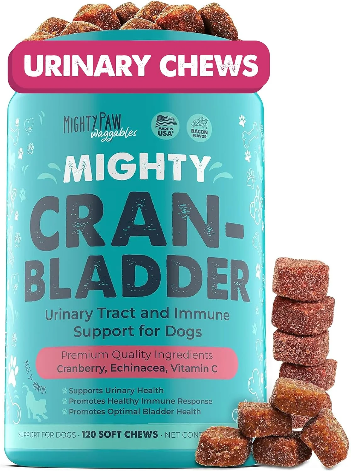 Mighty Paw Waggables Cran-Bladder (ساخت آمریکا) | مکمل کرن‌بری برای سگ‌ها، جویدنی‌های کرن‌بری برای سلامت دستگاه ادراری. پشتیبانی از کلیه و مثانه. آنتی‌اکسیدان برای سلامت سیستم ایمنی (120 عدد)