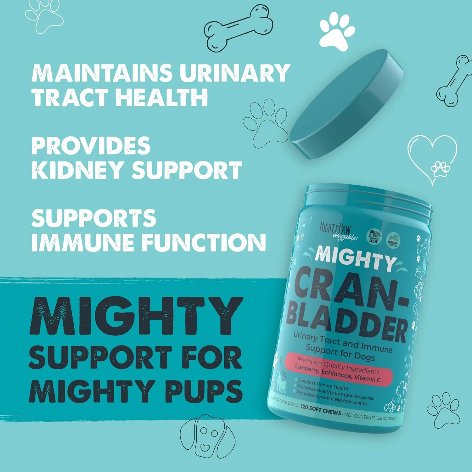 Mighty Paw Waggables Cran-Bladder (ساخت آمریکا) | مکمل کرن‌بری برای سگ‌ها، جویدنی‌های کرن‌بری برای سلامت دستگاه ادراری. پشتیبانی از کلیه و مثانه. آنتی‌اکسیدان برای سلامت سیستم ایمنی (120 عدد)