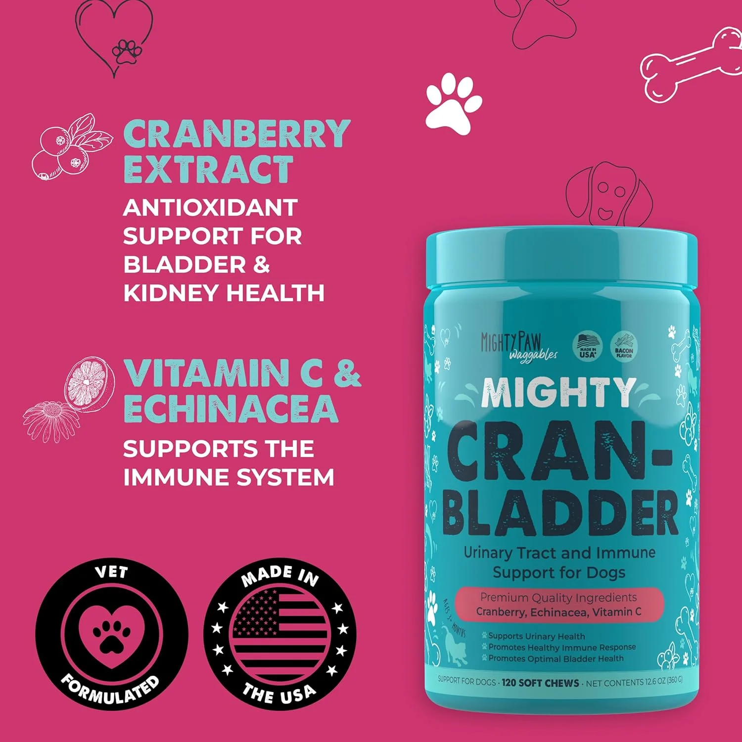 Mighty Paw Waggables Cran-Bladder (ساخت آمریکا) | مکمل کرن‌بری برای سگ‌ها، جویدنی‌های کرن‌بری برای سلامت دستگاه ادراری. پشتیبانی از کلیه و مثانه. آنتی‌اکسیدان برای سلامت سیستم ایمنی (120 عدد)