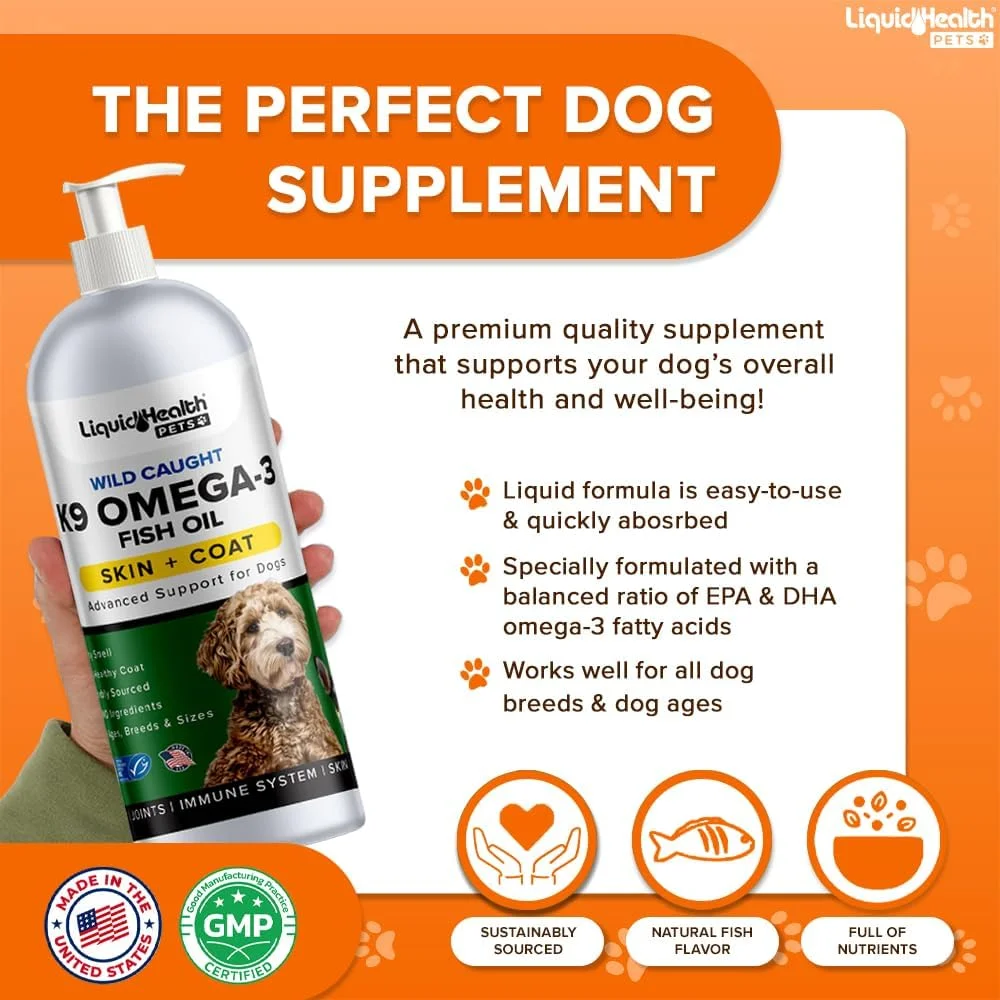 روغن ماهی امگا 3 مخصوص سگ ها Liquid Health Pets K9 - امگا 3 مایع برای سگ ها حاوی EPA + DPA + DHA، مکمل سگ برای کاهش خارش و حمایت از مفاصل، سیستم ایمنی، مغز و سلامت قلب (473 میلی لیتر)