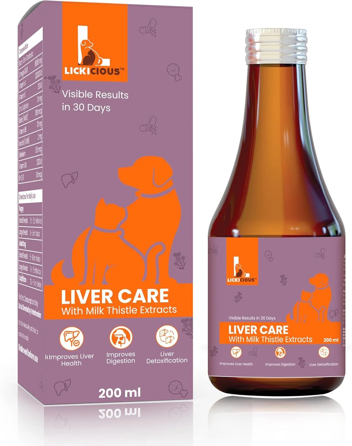 شربت مراقبت از کبد، 200 میلی لیتر با عصاره خار مریم (سیلیمارین)، فرمول پیشرفته برای پشتیبانی و سم زدایی کبد، طعم مرغ برای سگ ها و گربه ها