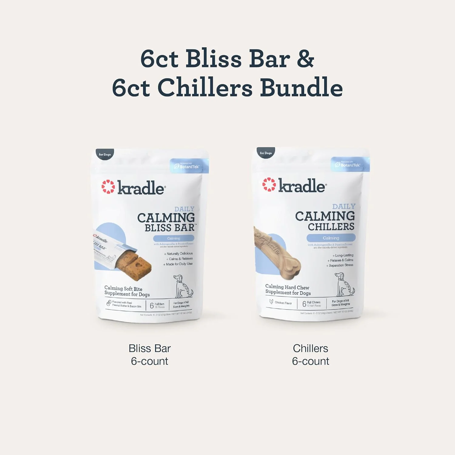 مجموعه آرام‌بخش سگ Kradle – میله‌های Bliss (6 عدد) و جویدنی‌های سخت Chillers (6 عدد) – حمایت از کاهش اضطراب و استرس غیر خواب‌آور برای سگ‌ها – طعم کره بادام زمینی + مرغ - 12 عدد
