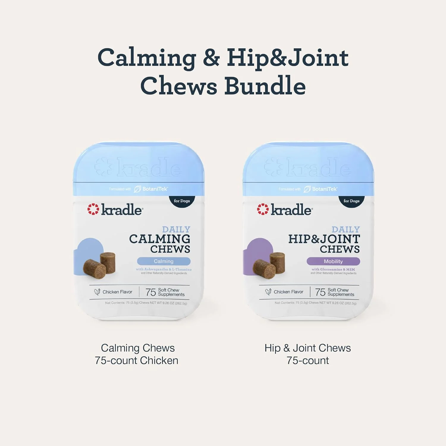 تشویقی آرام‌بخش و تقویتی مفاصل سگ Kradle - بسته‌ دوتایی (۷۵ عدد در هر بسته) - آشواگاندا + گلوکزامین MSM - پشتیبانی از آسایش و تحرک