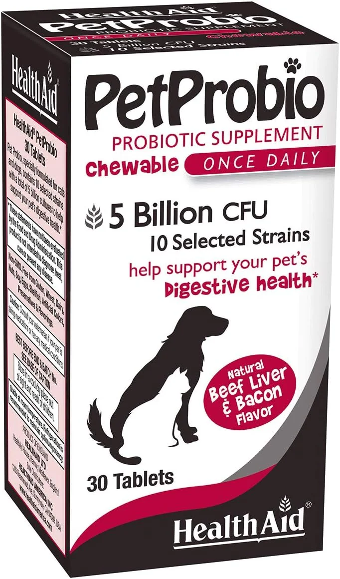 پت پروبیوتیک HealthAid، 5 میلیارد با پروبیوتیک، 10 سویه، 30 عدد، یک بار در روز برای گربه ها و سگ ها، کمک به سلامت دستگاه گوارش حیوان خانگی، طعم طبیعی گوشت گاو، جگر و بیکن