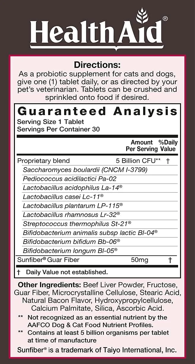 پت پروبیوتیک HealthAid، 5 میلیارد با پروبیوتیک، 10 سویه، 30 عدد، یک بار در روز برای گربه ها و سگ ها، کمک به سلامت دستگاه گوارش حیوان خانگی، طعم طبیعی گوشت گاو، جگر و بیکن