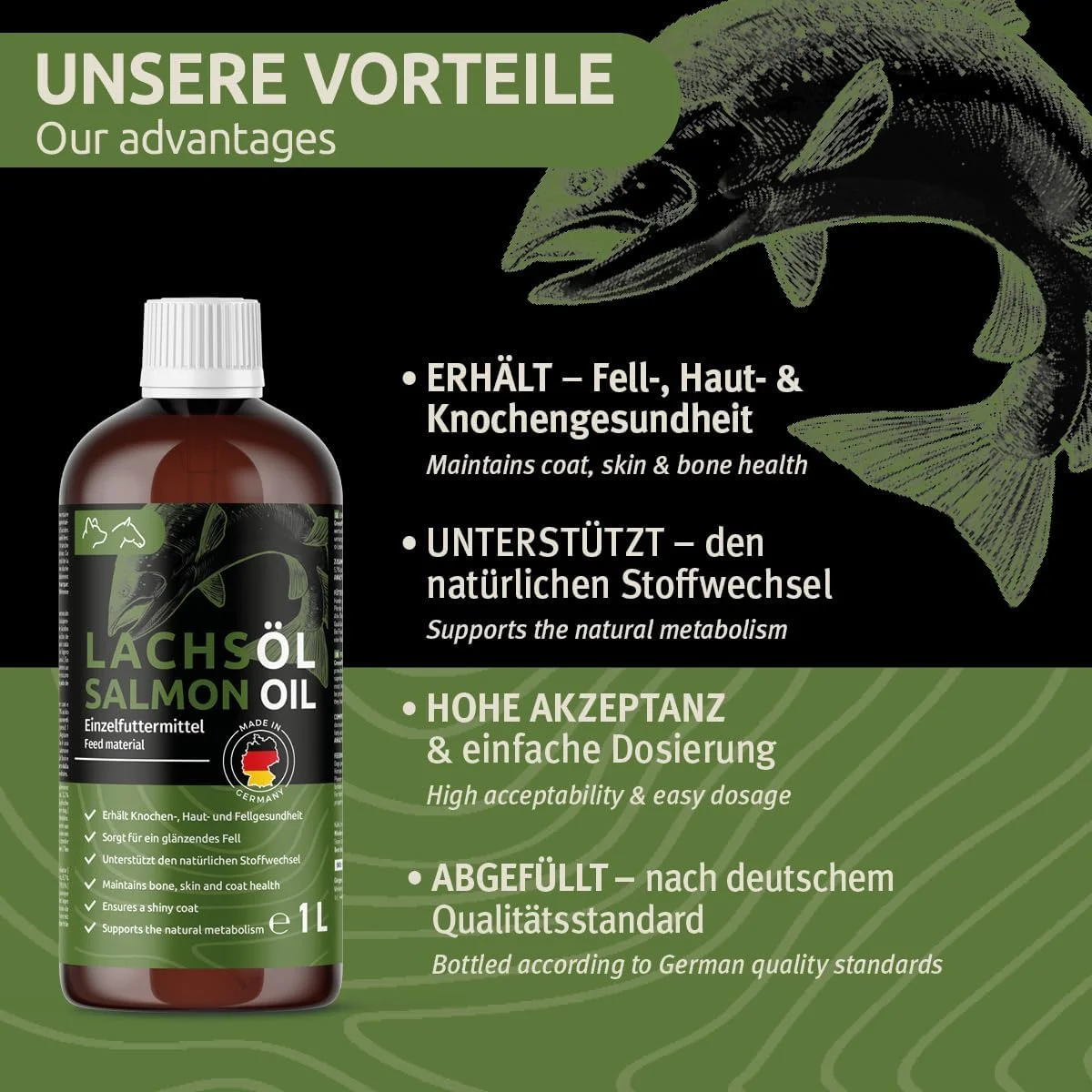 روغن ماهی سالمون گرین پت برای سگ و اسب 1 لیتر - روغن ماهی طبیعی امگا 3 برای پوست سالم و پوشش براق، روغن سالمون نروژی برای درخشندگی پوشش و آراستگی، روغن خوراکی با پذیرش بالا