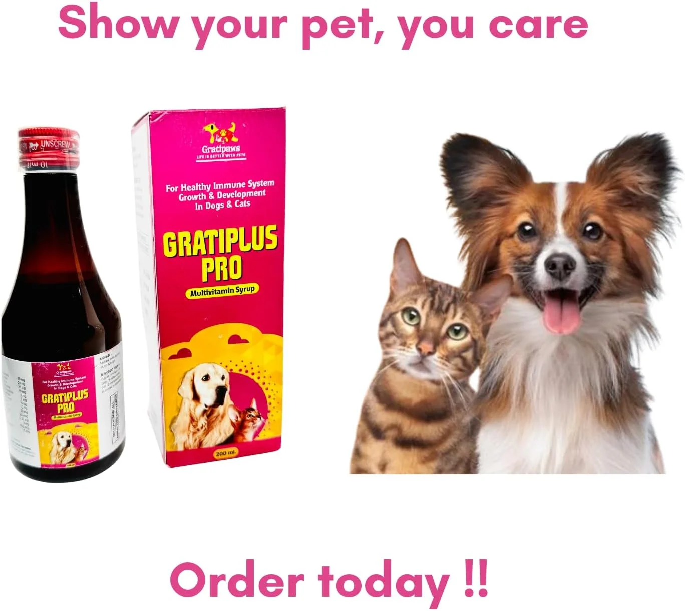 شربت مولتی ویتامین گراتی پلاس پرو گراتی پاز برای سگ ها و گربه های خانگی | پشتیبانی از سیستم ایمنی، رشد و توسعه | غنی شده با ویتامین های ضروری، اسیدهای آمینه و مواد معدنی