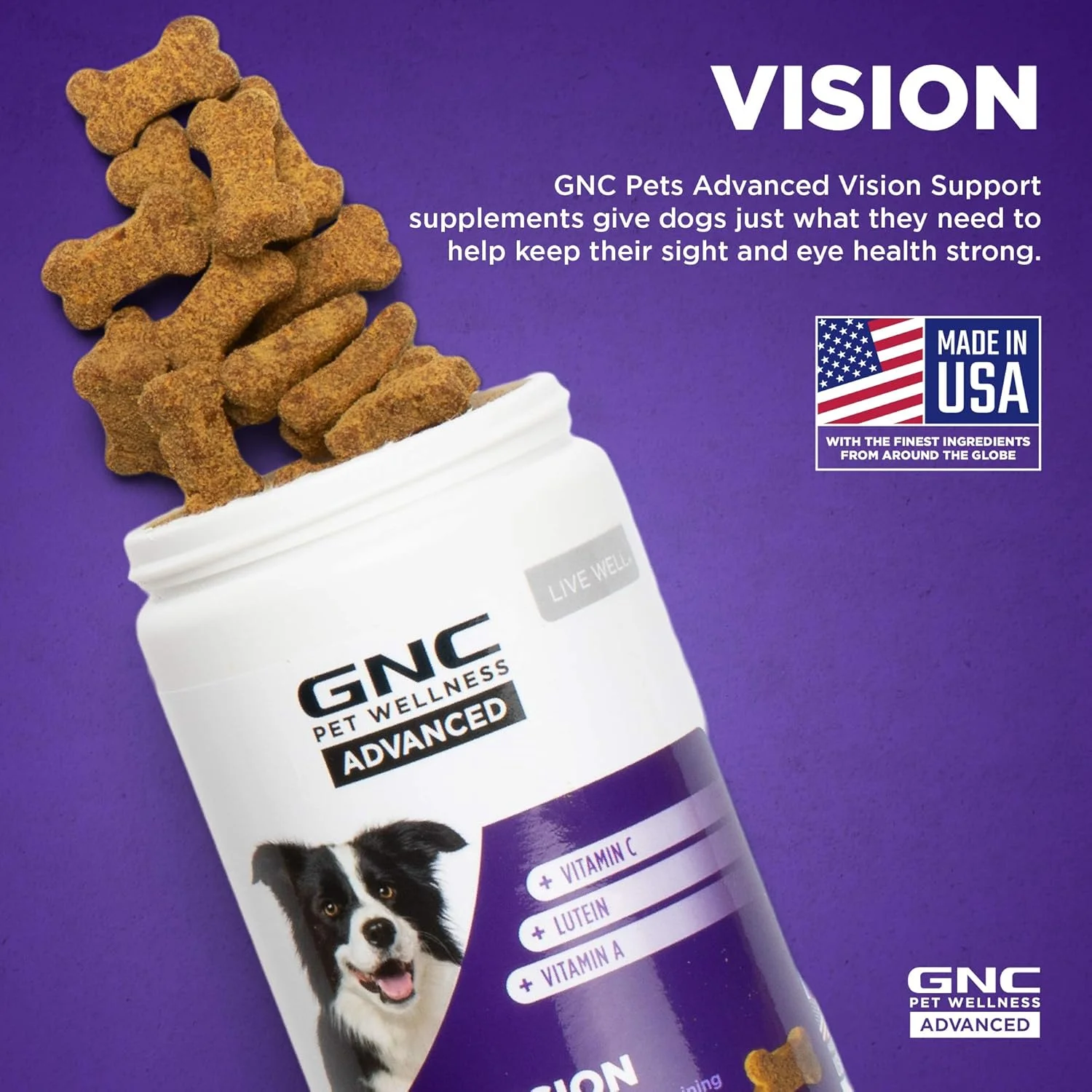 مکمل های غذایی سگ برای تقویت بینایی پیشرفته GNC Pets | 90 عدد مکمل چشم برای سگ ها برای حمایت از عملکرد سالم بینایی | جویدنی های نرم با طعم مرغ برای سگ های بالغ حاوی ویتامین C، لوتئین و ویتامین A