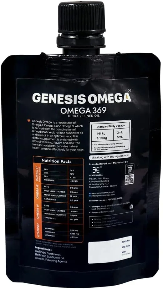 روغن امگا 369 فوق تصفیه شده برای ایمنی، پوست سالم و پوشش براق | مکمل غذایی مایع برای حیوانات خانگی با ویتامین ها و آنتی اکسیدان ها برای سلامتی و رشد بهتر (برای بچه گربه، 100 میلی لیتر)