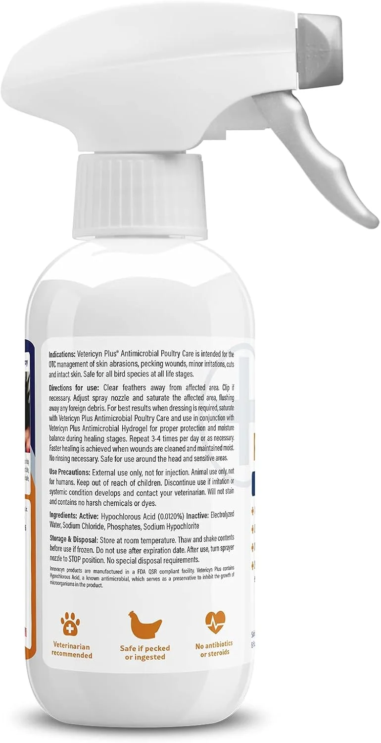 محلول مراقبت از طیور Vetericyn Plus. اسپری برای تمیز کردن زخم ها، بریدگی ها، سرمازدگی و جراحات در مرغ ها و سایر گونه های پرندگان. 236 میلی لیتر (رنگ بسته بندی/بطری ممکن است متفاوت باشد) محلول مراقبت از طیور Vetericyn Plus. اسپری برای تمیز کردن زخم ها، بریدگی ها، سرمازدگی و جراحات در مرغ ها و سایر گونه های پرندگان. 236 میلی لیتر (رنگ بسته بندی/بطری ممکن است متفاوت باشد)