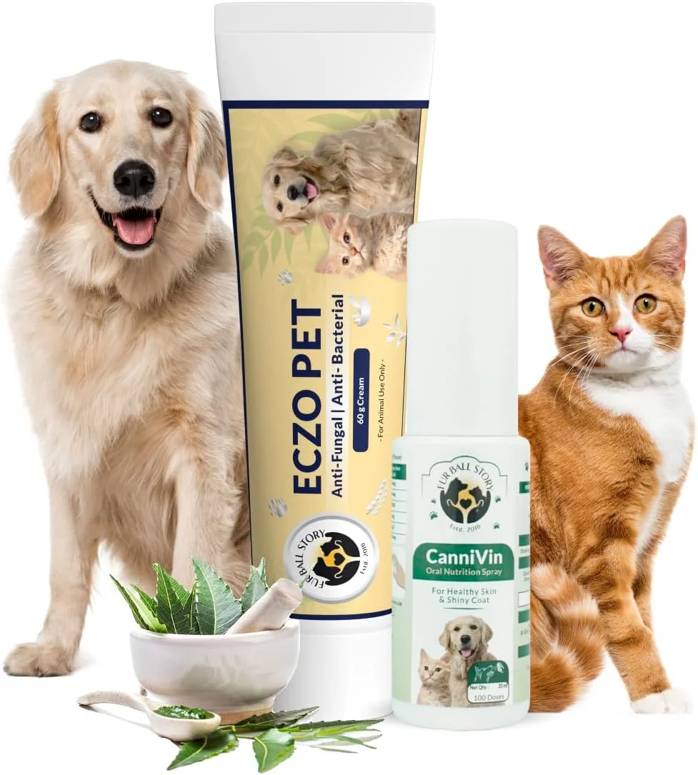 مجموعه ترکیبی توپ پشمی برای پوست سالم | اسپری خوراکی پوست سالم و پوشش براق CanniVin + کرم حیوانات خانگی Eczo - مجموعه 2 عددی