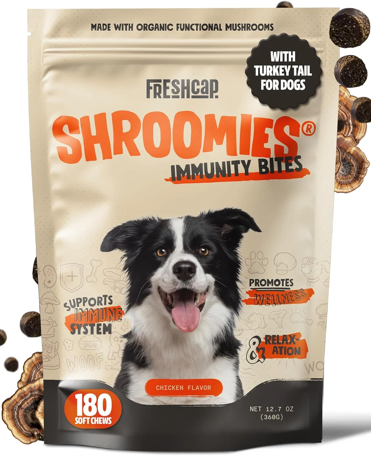 قارچ های Shroomies FreshCap برای سگ ها - قارچ دم بوقلمون برای سگ ها، مکمل قارچ برای سگ ها، تقویت سیستم ایمنی سگ، مکمل های سگ، تشویقی آرامبخش سگ (180 عدد جویدنی نرم)