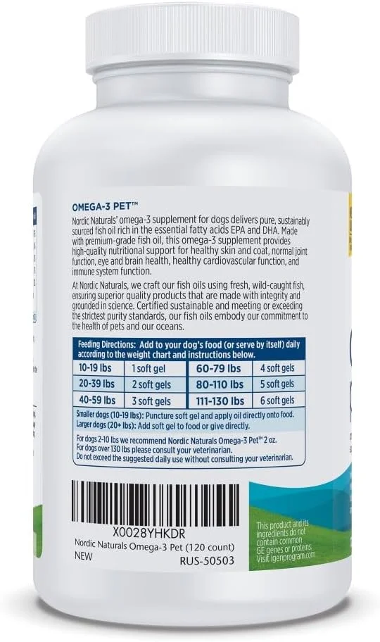 نوردیک نچرالز امگا 3 مخصوص حیوانات خانگی FIDEBEY، بدون طعم - 120 سافت ژل - 330 میلی گرم امگا 3 در هر سافت ژل - روغن ماهی برای سگ ها با EPA و DHA - تقویت کننده سلامت قلب، پوست، پوشش، مفاصل و سیستم ایمنی