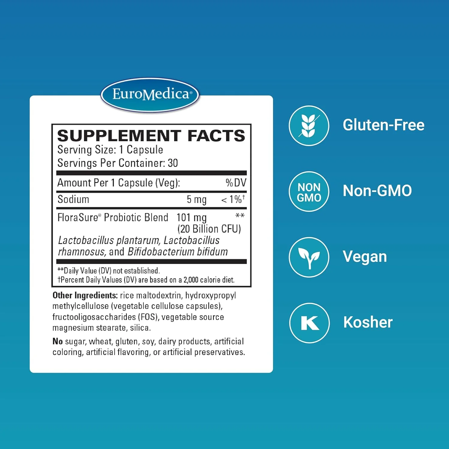 پروبیوتیک FloraSure Euromedica - مکمل گوارشی برای کمک به نفخ گاه به گاه و حمایت از رفع گاز - مکمل حمایت از سلامت روده با بیفیدوباکتریوم بیفیدوم - 30 کپسول