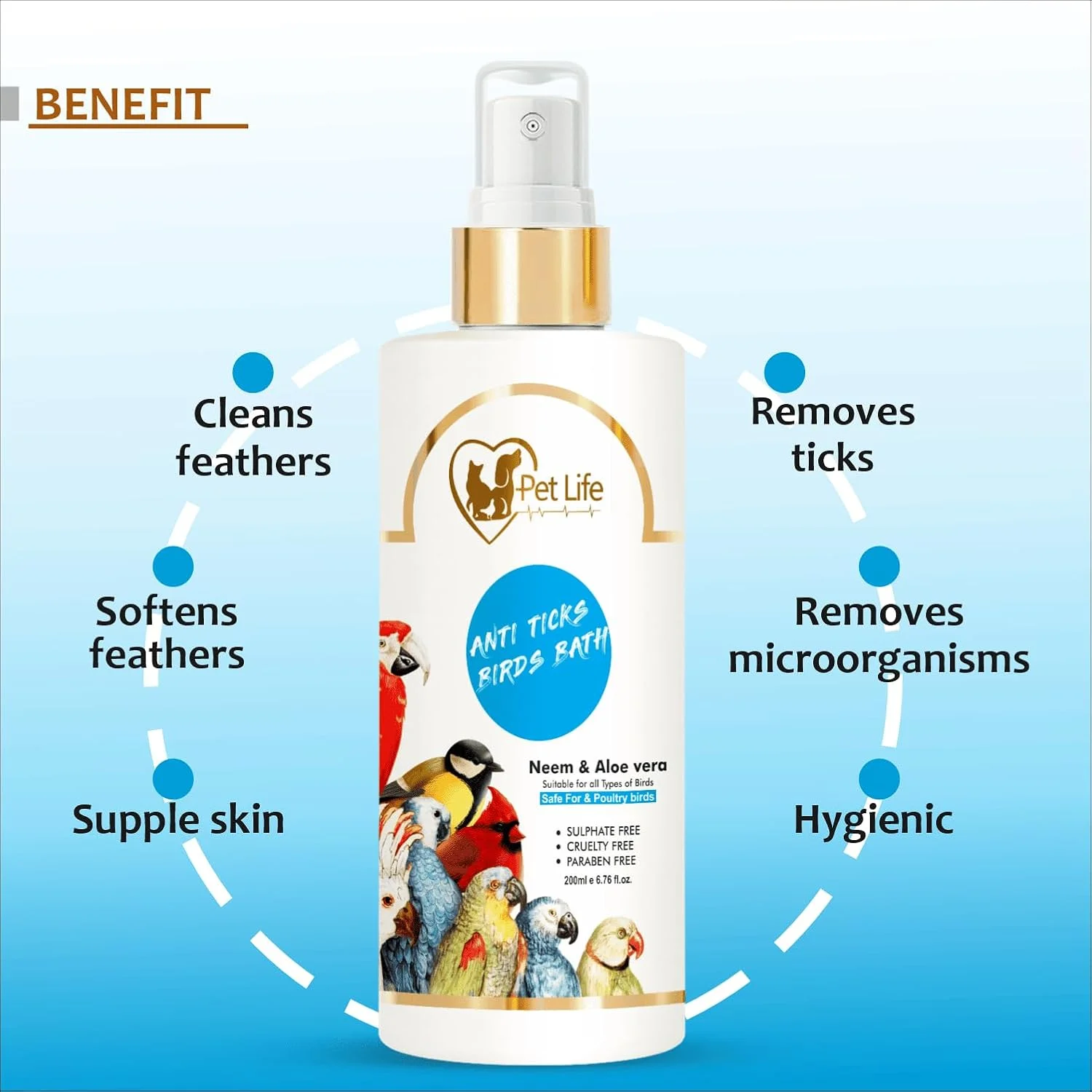 محلول شستشوی ارگانیک و آیورودیک پرندگان پت لایف، ضد کنه، خشک/بدون آب/اسپری برای پرندگان خانگی، طوطی ها، جوجه، مرغ، کبوتر، اردک - مواد طبیعی برای کک، تمیز کننده و براق کننده پرها - مناسب برای انواع پرندگان - 200 میلی لیتر