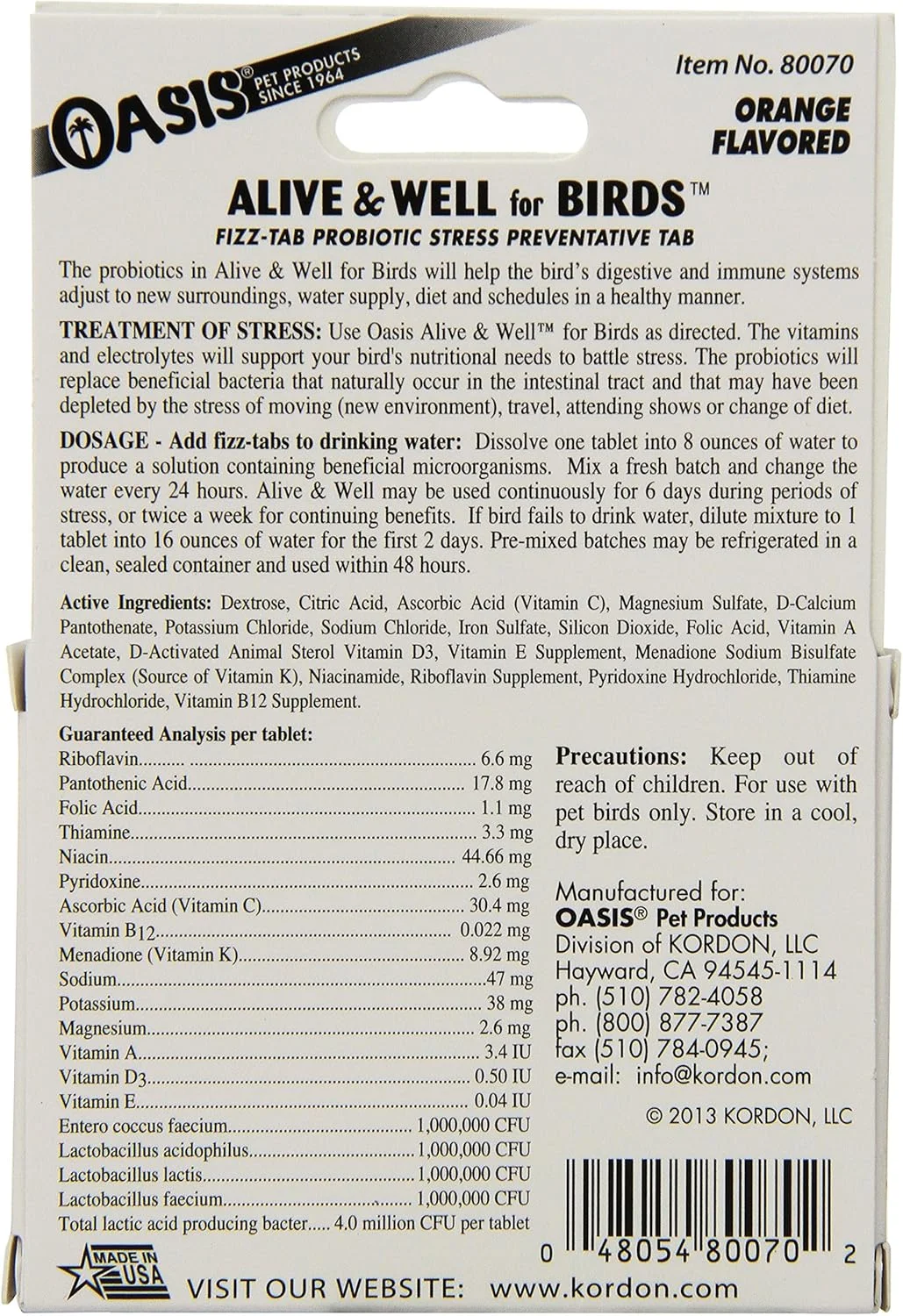 قرص های پیشگیری از استرس و پروبیوتیک OASIS #80070 برای پرندگان، سفید، 1 عدد (بسته 1 عددی)