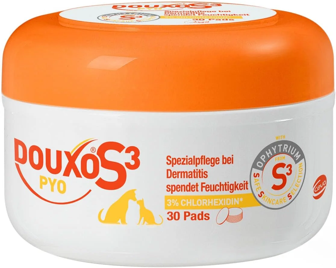 پدهای پاک کننده پوست سگ و گربه Douxo S3 CEVA Pyo | بسته 30 عددی | برای تمیز کردن و ضد عفونی کردن پوست | برای عدم تعادل مربوط به باکتری و/یا قارچ