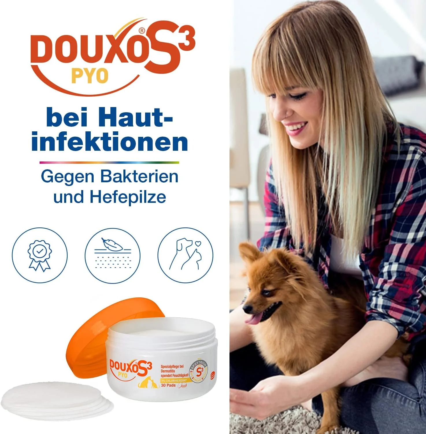 پدهای پاک کننده پوست سگ و گربه Douxo S3 CEVA Pyo | بسته 30 عددی | برای تمیز کردن و ضد عفونی کردن پوست | برای عدم تعادل مربوط به باکتری و/یا قارچ