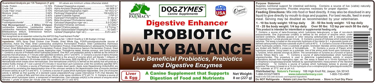 Dogzymes Probiotic Daily Balance - پشتیبانی تغذیه ای و میکروارگانیسم های زنده برای سلامتی روده و همچنین آنزیم ها برای هضم مناسب را فراهم می کند. (226 گرم)