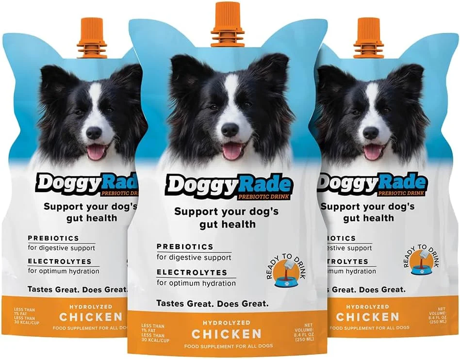 نوشیدنی ورزشی سگ DoggyRade (نوشیدنی پری‌بیوتیک و ایزوتونیک برای سگ‌ها) | الکترولیت‌ها، مواد مغذی و آمینو اسیدها | نوشیدنی آبرسان سریع برای سگ‌ها + کم کالری | چیزی فراتر از آب! | طعم مرغ | 3x250ml