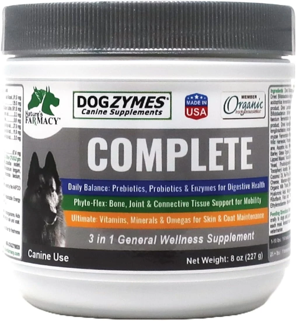 Dogzymes Complete - پروبیوتیک ها، پری بیوتیک ها، گلوکزامین، کندرویتین، MSM و اسید هیالورونیک، مراقبت کامل از پوست و مو (226 گرم)