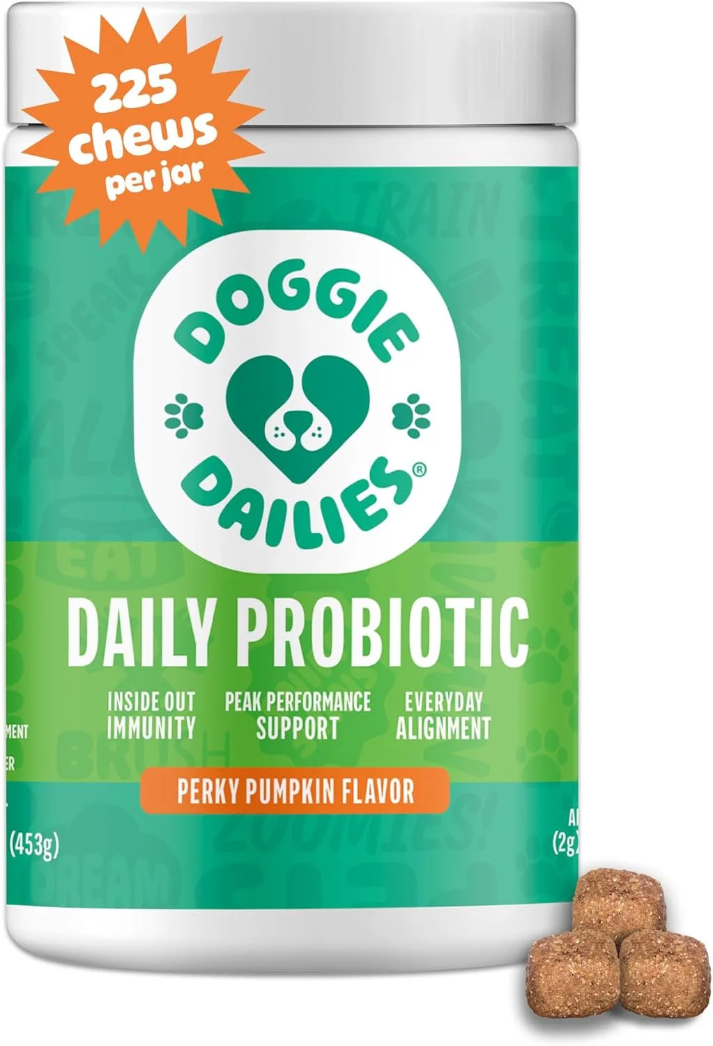 پرو بیوتیک سگ Doggie Dailies، 225 عدد تشویقی نرم، پرو بیوتیک پیشرفته سگ با پری بیوتیک، تقویت کننده سلامت دستگاه گوارش، پشتیبانی از سیستم ایمنی و سلامت کلی (کدو تنبل)