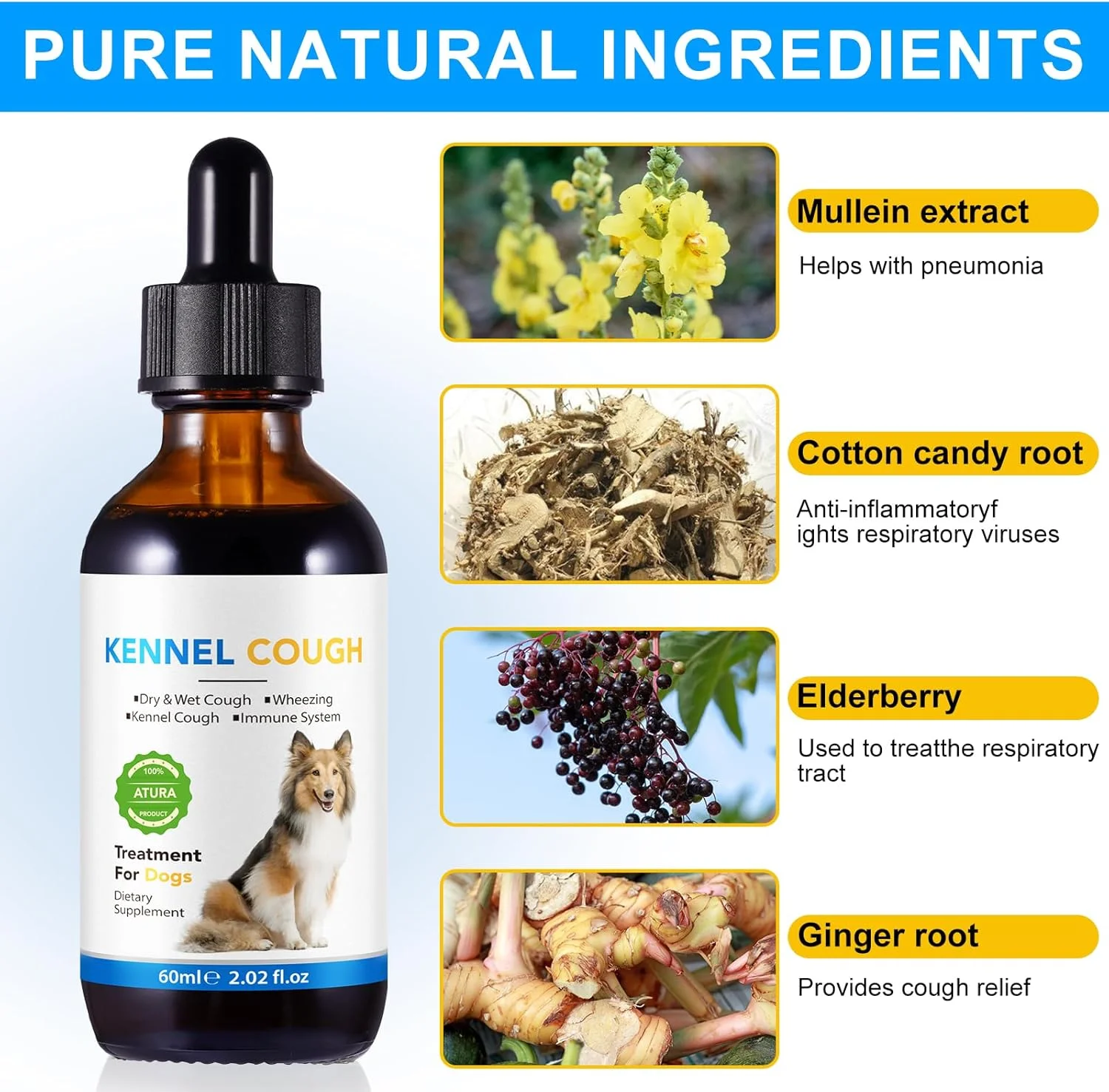 درمان سرفه سگ - قطره های سرفه برای سگ ها، مکمل سرفه 100% طبیعی برای سگ ها، مکمل تسکین آلرژی برای سگ ها، قطره های گیاهی برای همه نژادها و اندازه ها