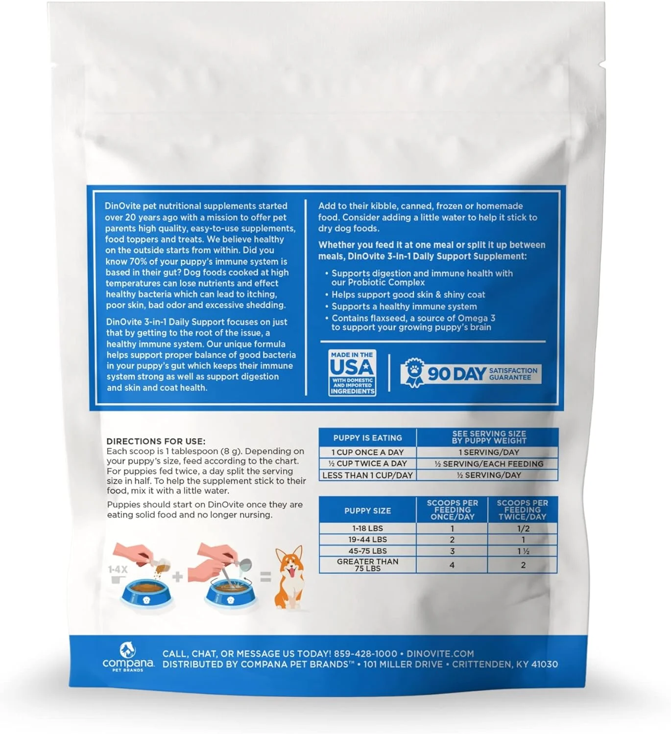 مکمل پروبیوتیک سه کاره داینویت برای توله سگ ها، پوست و مو، سلامت دستگاه گوارش و تسکین مفاصل، مکمل غذای سگ، روغن ماهی سالمون، گلوکزامین، تسکین آلرژی و مراقبت از پوست و رفع خارش، 90 سروینگ (توله سگ)