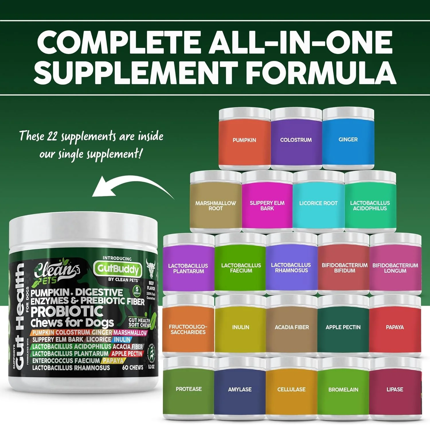 پروبیوتیک برای سگ ها با کدو تنبل، کلستروم، آنزیم های گوارشی، زنجبیل، نارون لغزنده، شیرین بیان، فیبر اینولین و موارد دیگر | جویدنی های نرم با طعم گوشت گاو برای سلامت روده و مکمل گوارش سگ