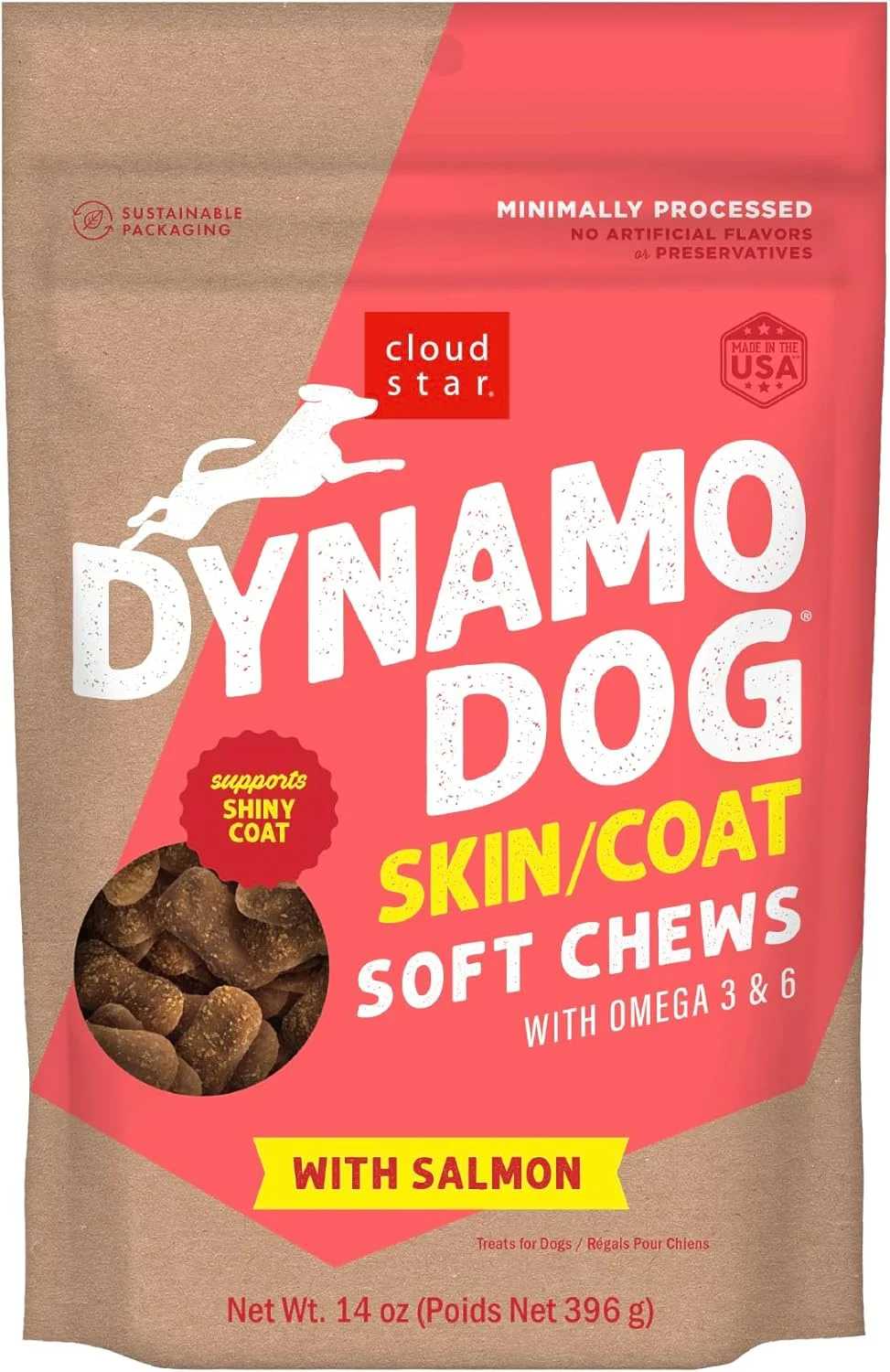 تشویقی نرم و جویدنی سگ Cloud Star Dynamo Dog برای پوست و مو، بدون غلات، طعم سالمون، بسته 397 گرمی